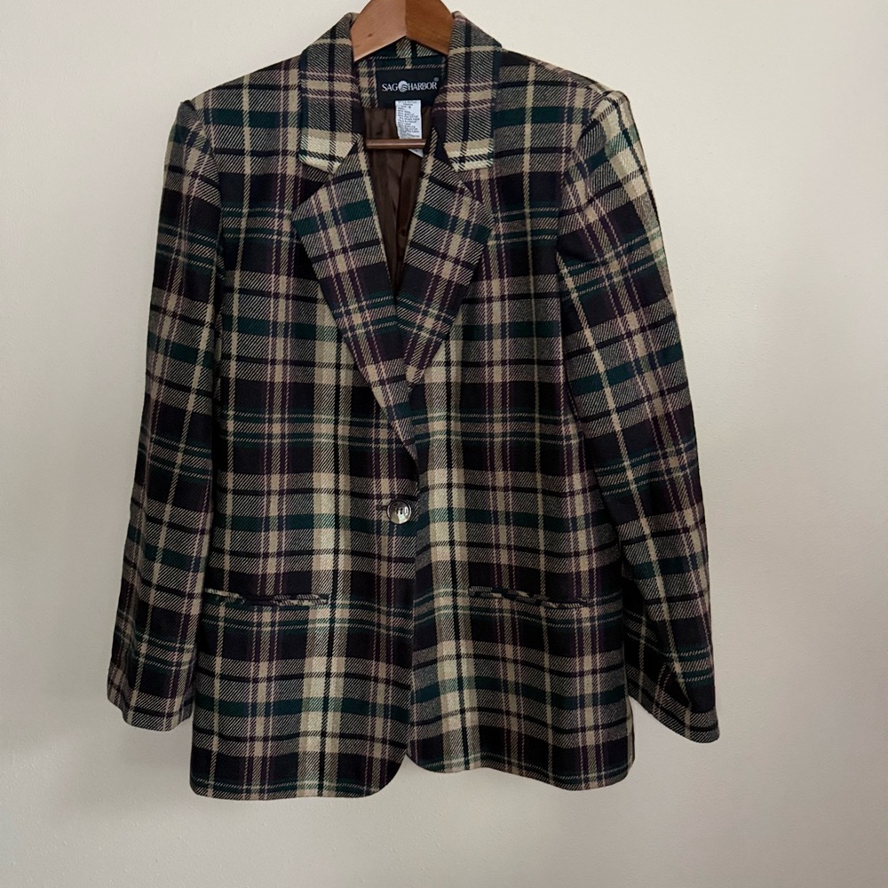 Vintage Sag Harbor Plaid Wool Blend Blazer Green Burgundy Size 8